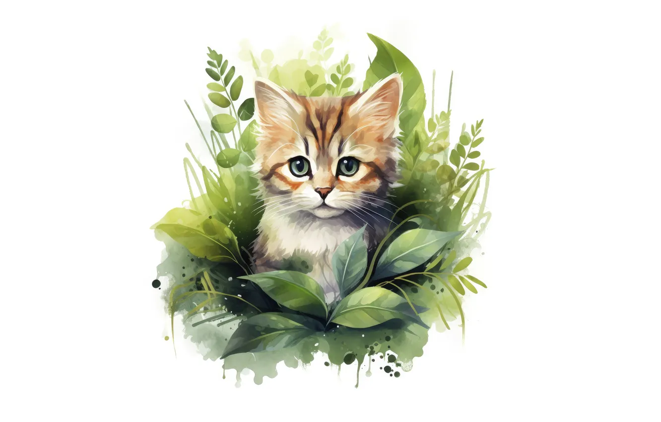 Photo wallpaper cat, look, leaves, nature, watercolor, white background, red, kitty