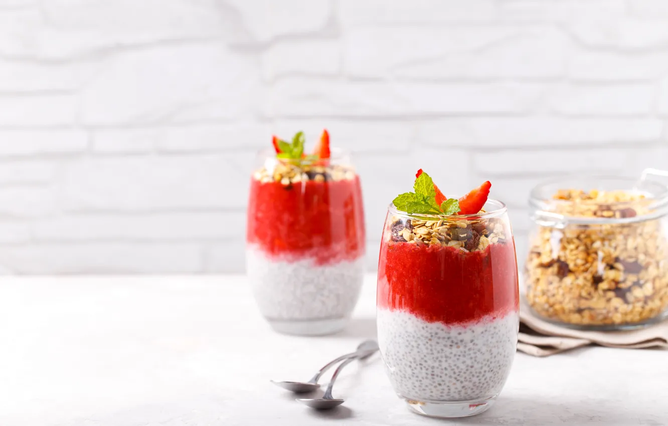Photo wallpaper berries, Breakfast, strawberry, pudding, Chia