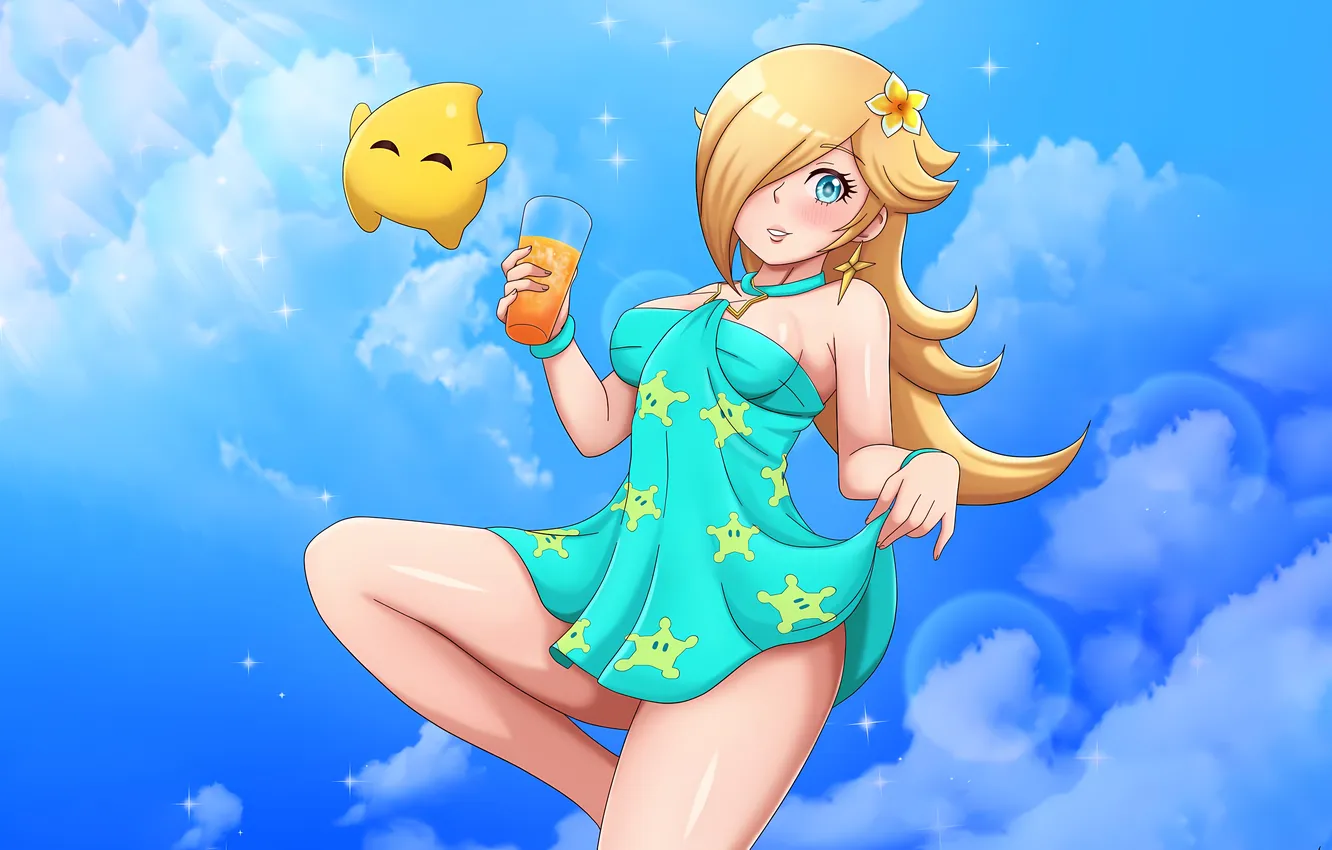 Photo wallpaper girl, summer, sexy, cleavage, green eyes, long hair, dress, legs