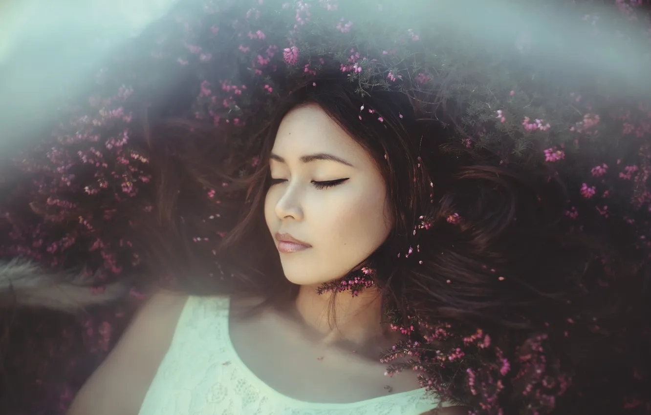 Photo wallpaper girl, flowers, hair, calm, mystery, secrets