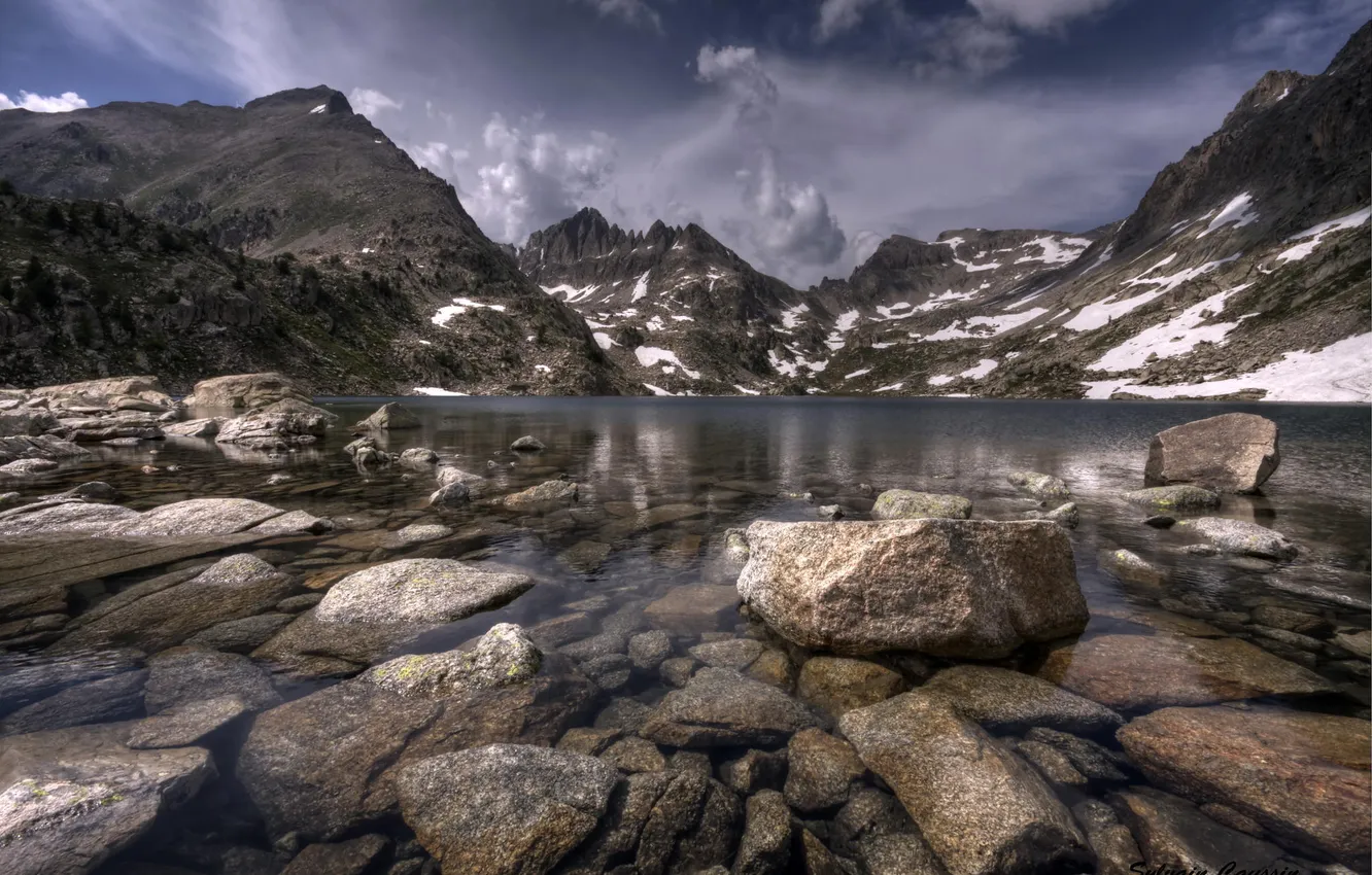 Photo wallpaper water, mountains, nature, lake, stones