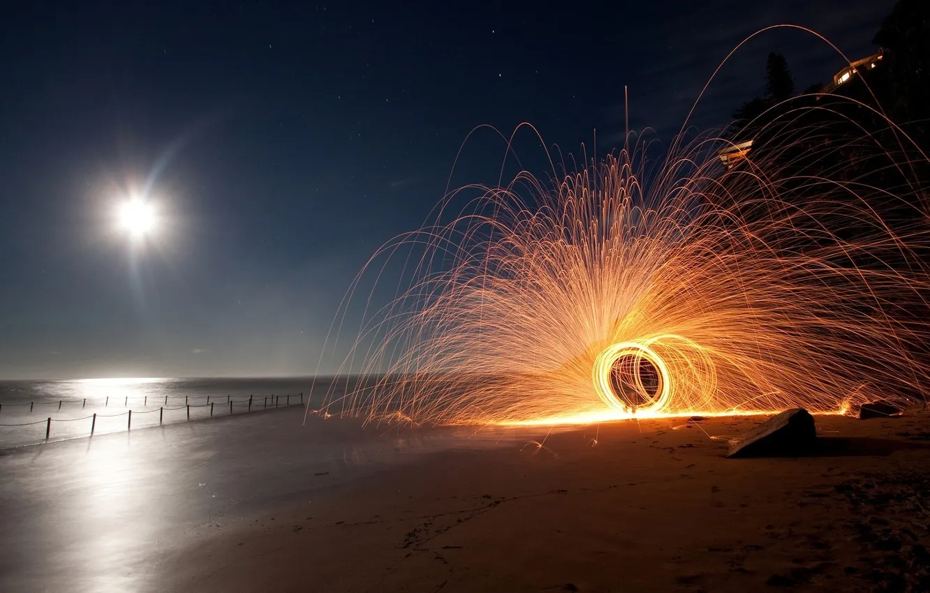 Photo wallpaper sand, beach, water, night, sparks, beach, night, sparks