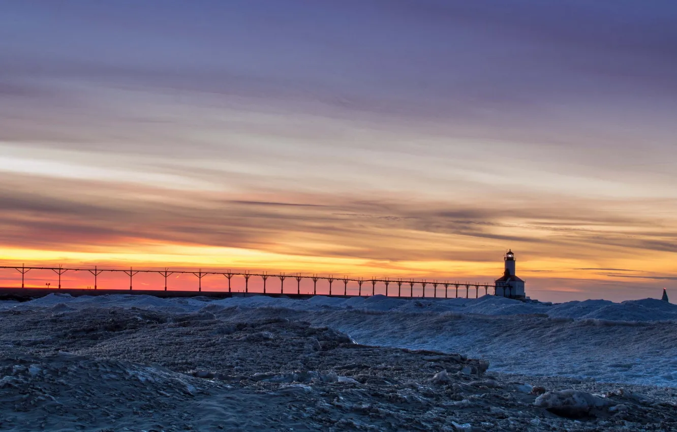 Photo wallpaper landscape, sunset, lighthouse, ice
