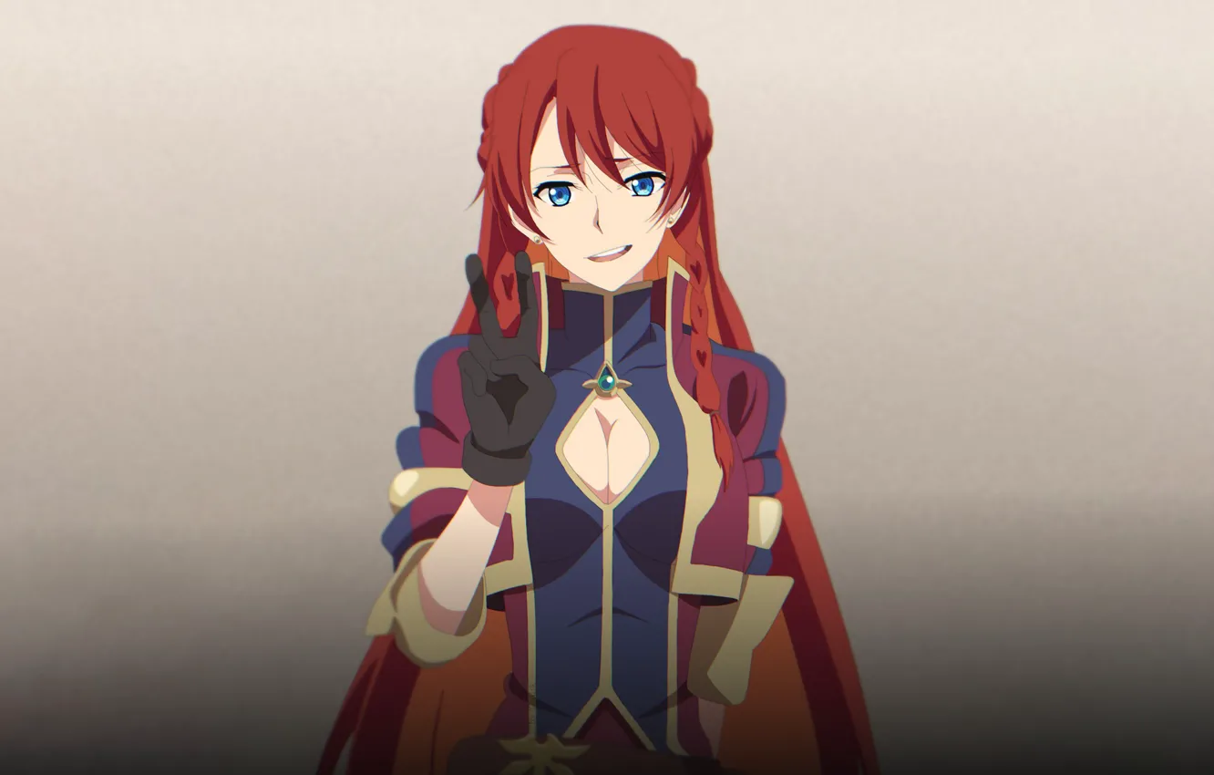 Photo wallpaper red, game, peace, smile, anime, blue eyes, redhead, asian