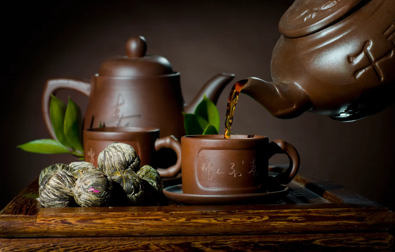 Photo wallpaper tea, kettle, Cup, saucer, leaves, welding