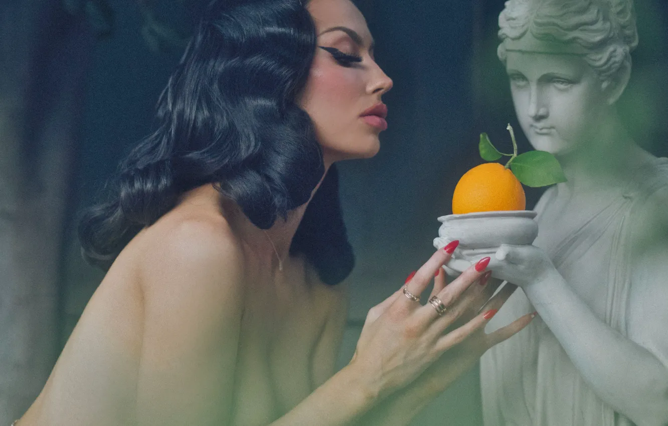 Photo wallpaper gold, cleavage, woman, young, model, orange, brunette, nails