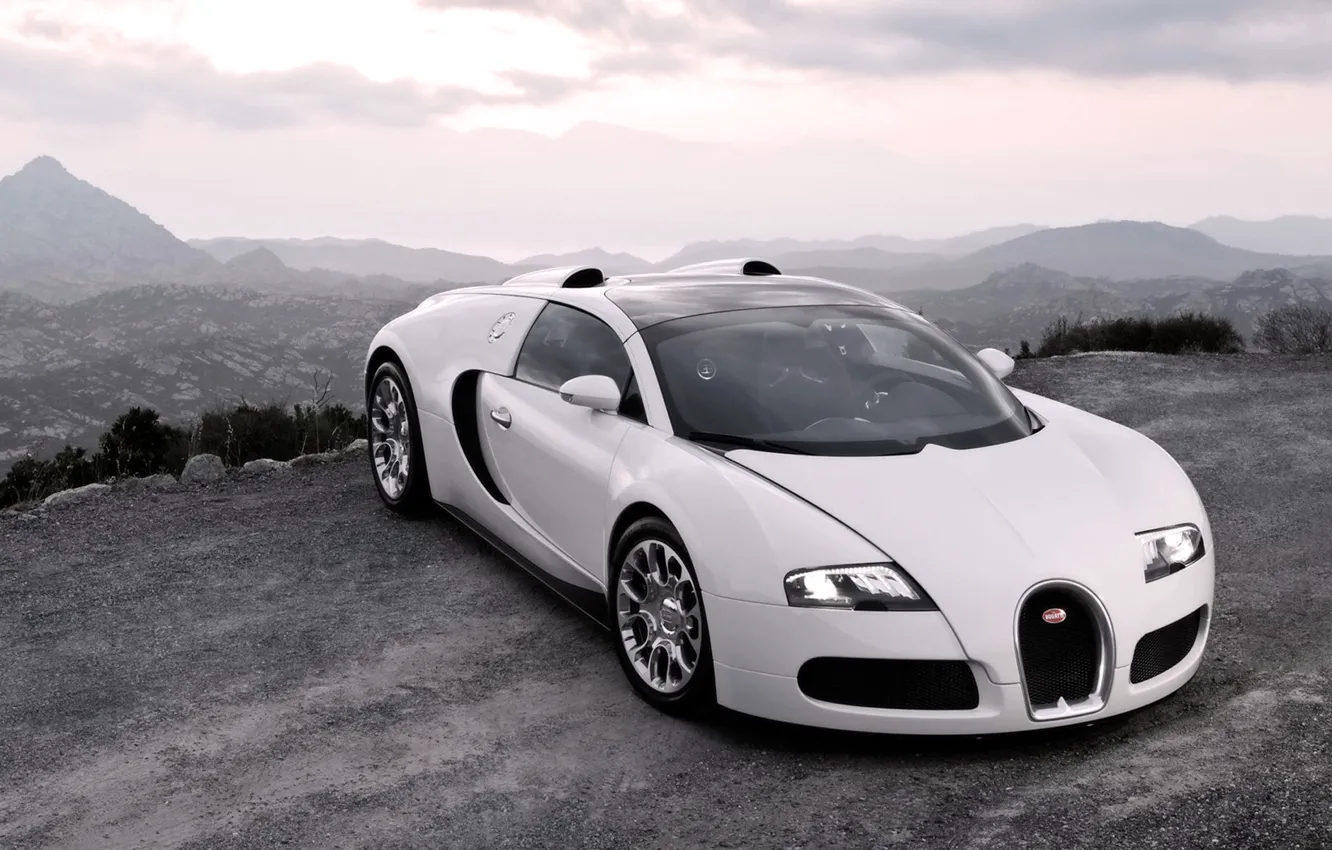 Photo wallpaper Auto, White, Bugatti, The hood, Veyron, Lights, Suite, Sports car