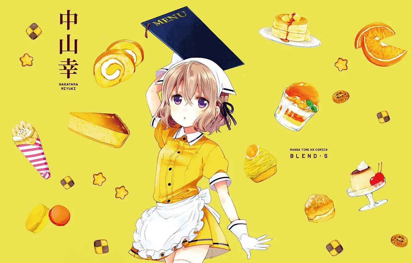 Photo wallpaper orange, sweets, gloves, the waitress, solitaire, yellow background, menu, cookies