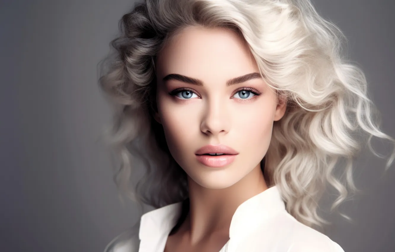 Photo wallpaper girl, face, portrait, blonde, shirt, blue eyes