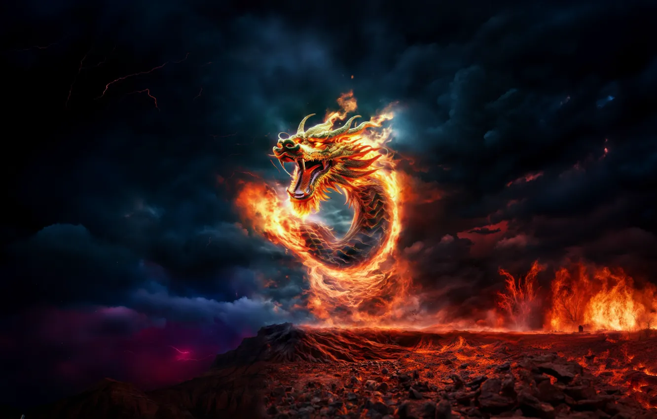 Photo wallpaper landscape, nature, lights, fire, flame, dragon, fantasy, Fire dragon