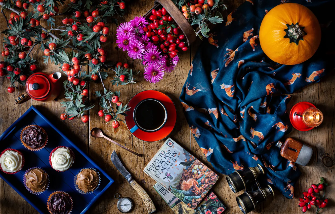 Photo wallpaper flowers, style, berries, briar, knife, mug, Cup, binoculars