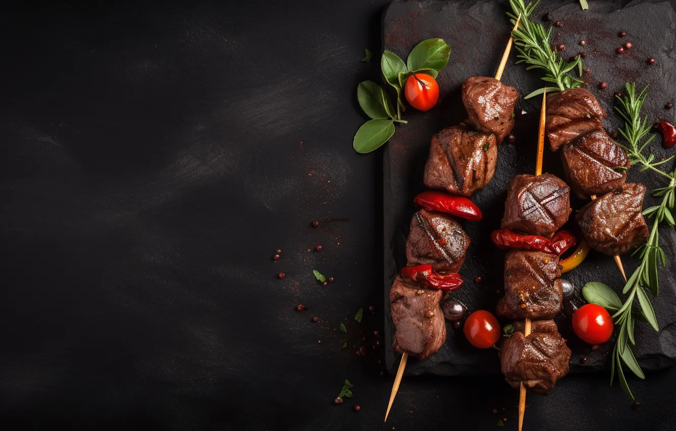 Photo wallpaper greens, the dark background, meat, vegetables, tomatoes, kebab, skewers, piece