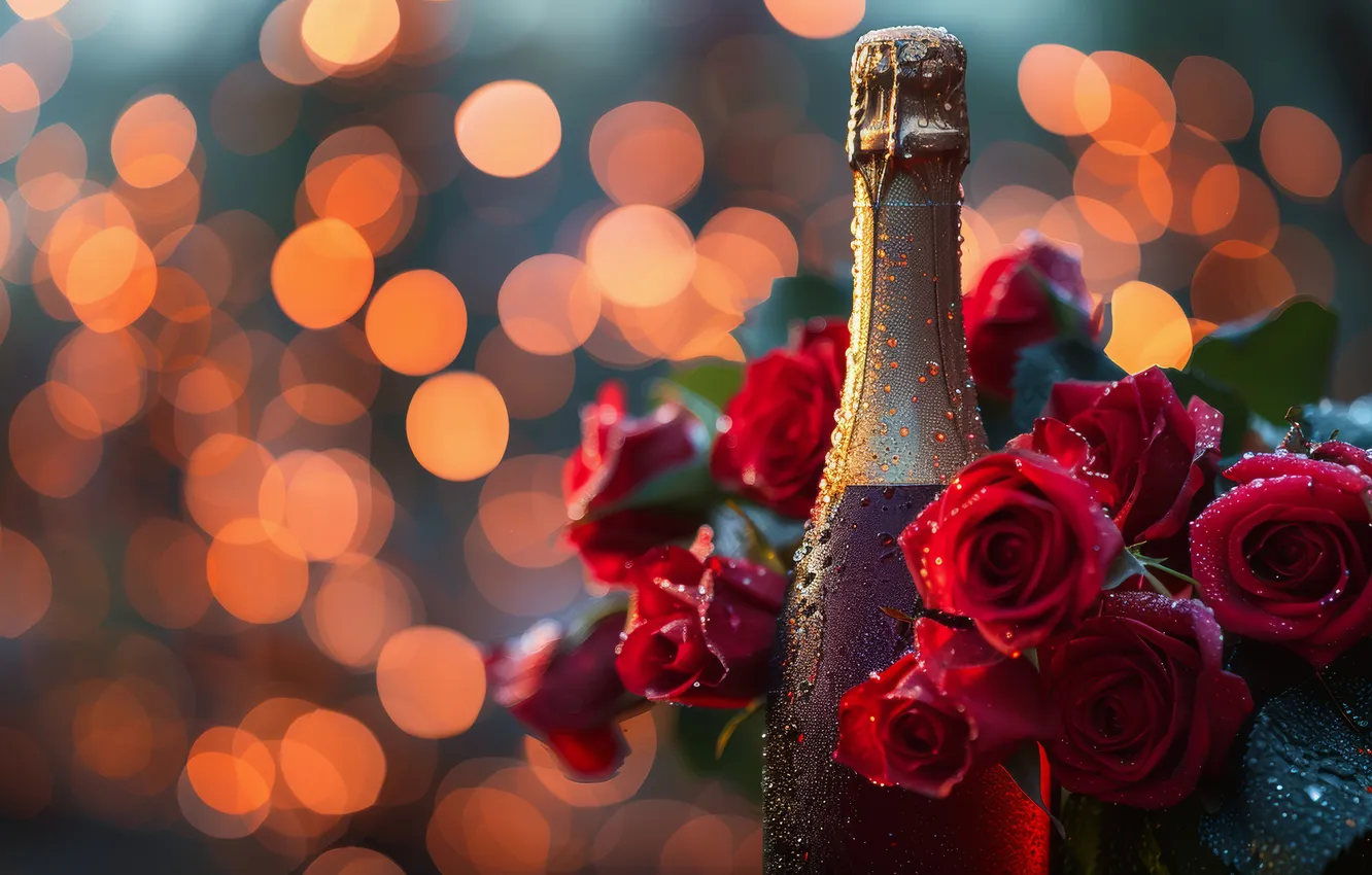 Photo wallpaper drops, light, flowers, red, holiday, wine, bottle, roses