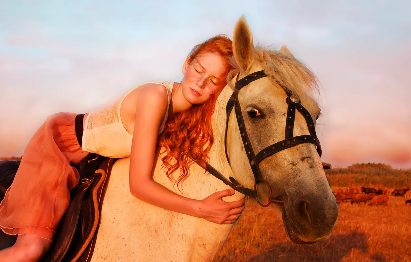 Photo wallpaper mood, horse, horse, girl, red, redhead, Inna Dontsova