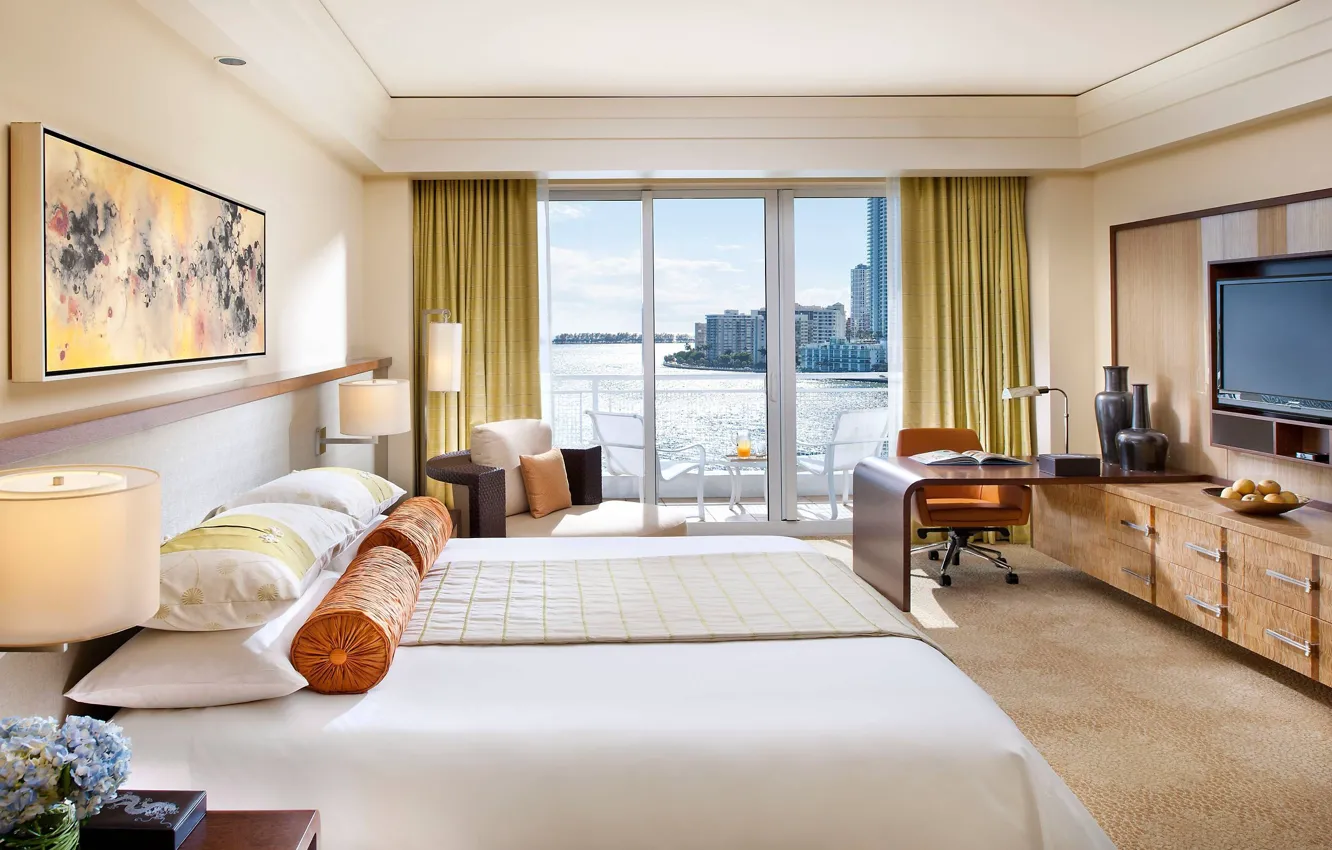 Photo wallpaper white, design, the city, style, table, view, lamp, bed