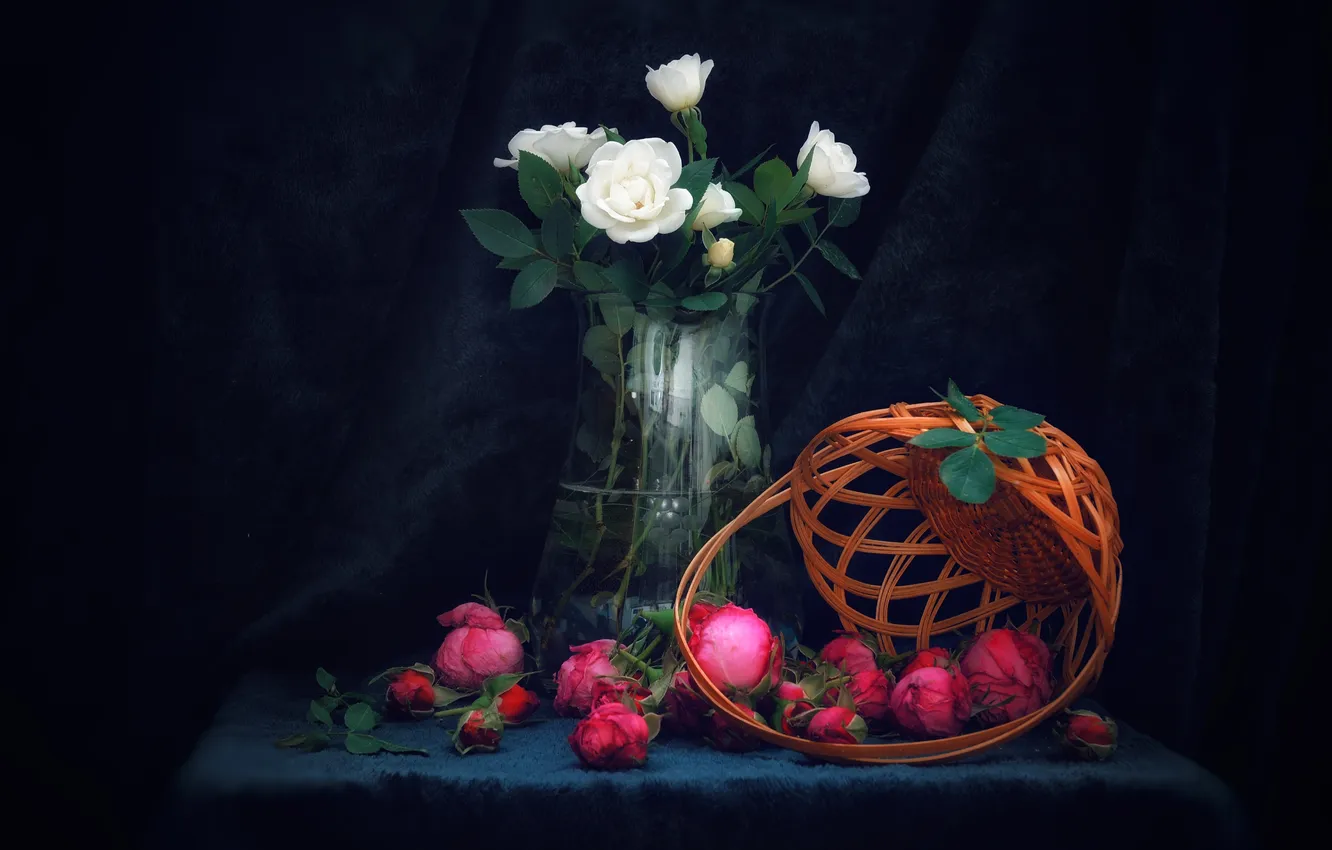 Photo wallpaper table, Roses, basket, vase with flowers, rosebuds, Juliana Stoyanova