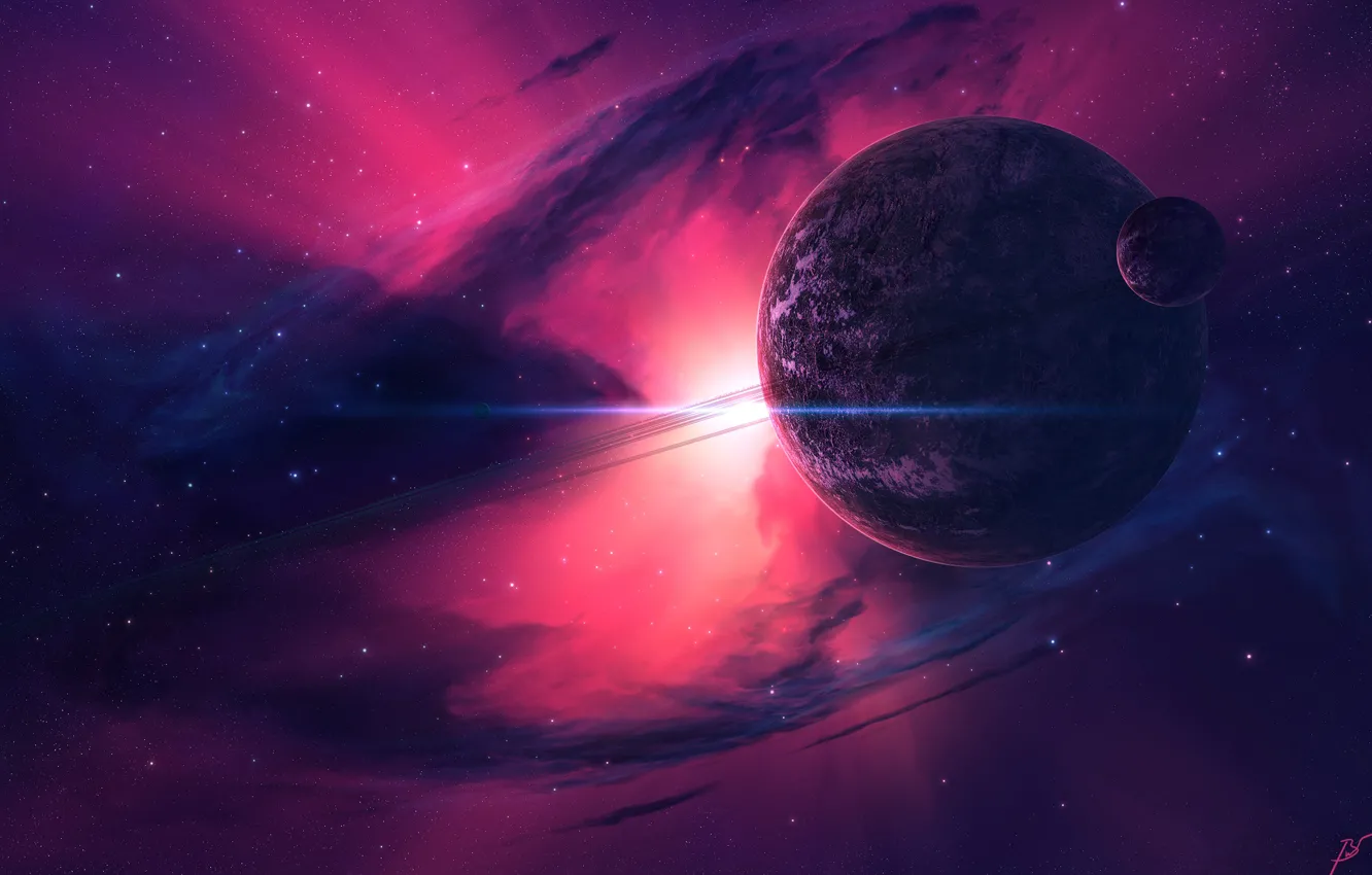 Photo wallpaper space, stars, nebula, glare, fiction, planet, satellite, art