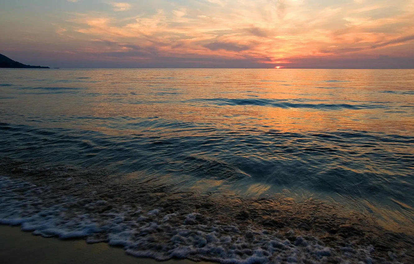 Photo wallpaper the sun, sunset, shore, Sea, calm