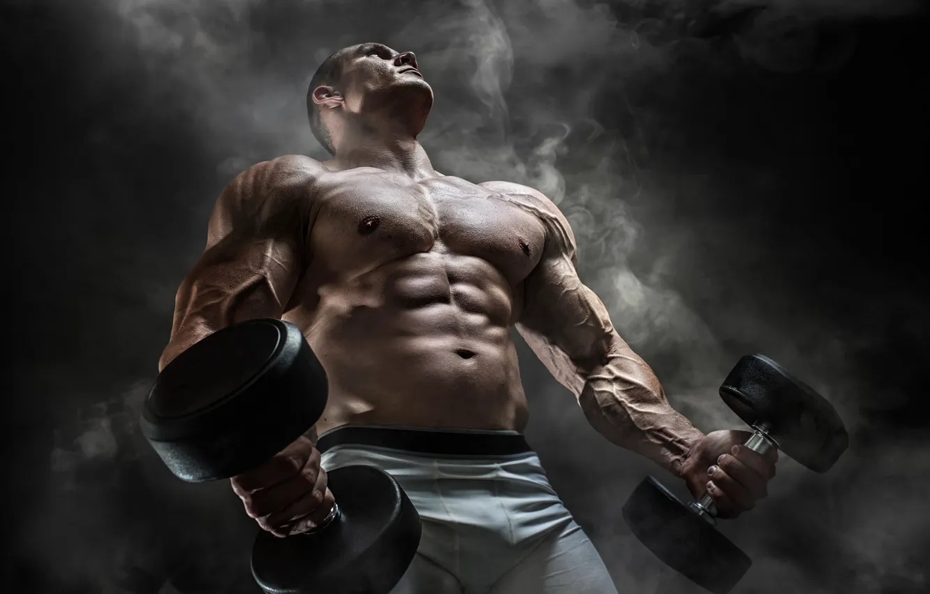 Photo wallpaper pose, figure, Muscle, muscle, press, pose, dumbbells, bodybuilder