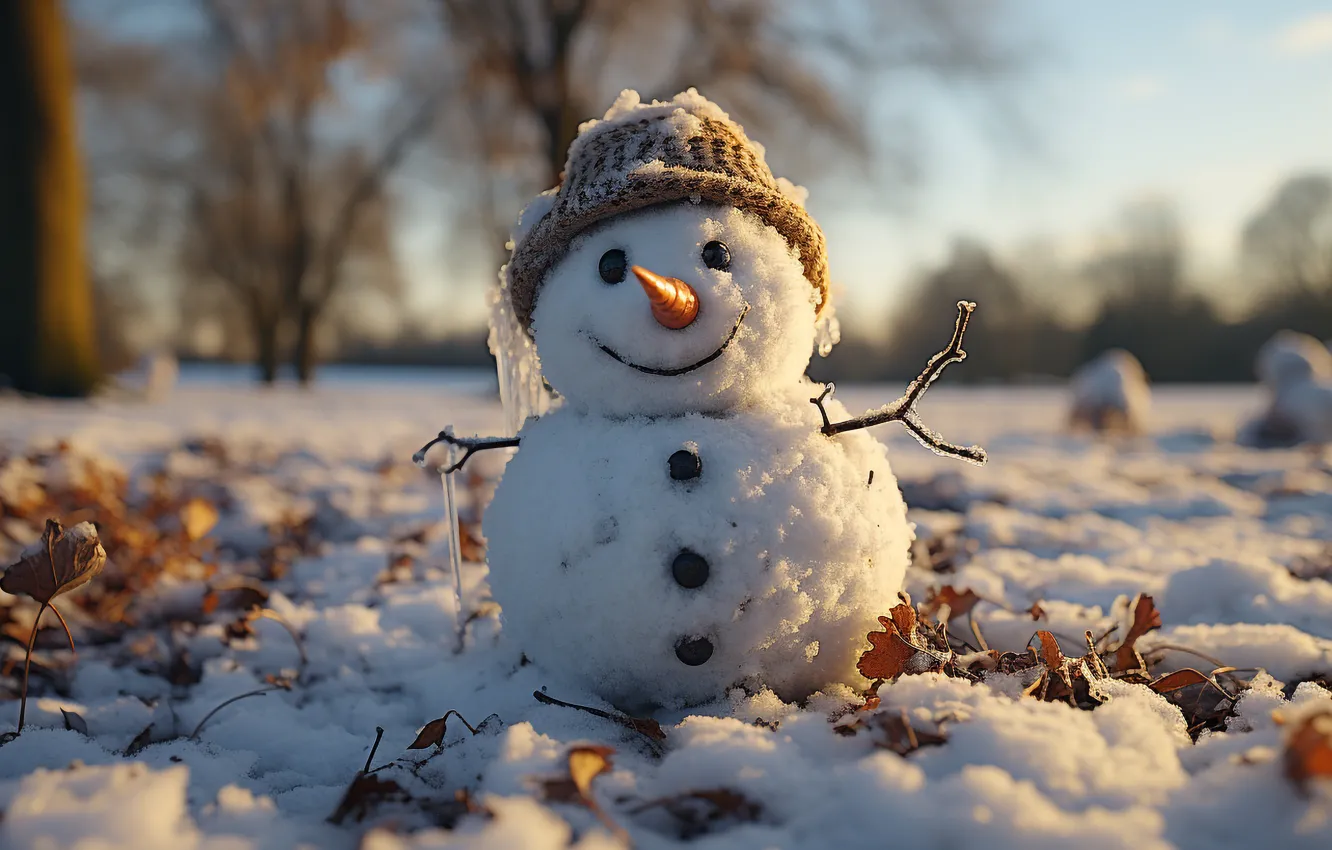 Photo wallpaper winter, light, snow, nature, smile, glade, foliage, hat