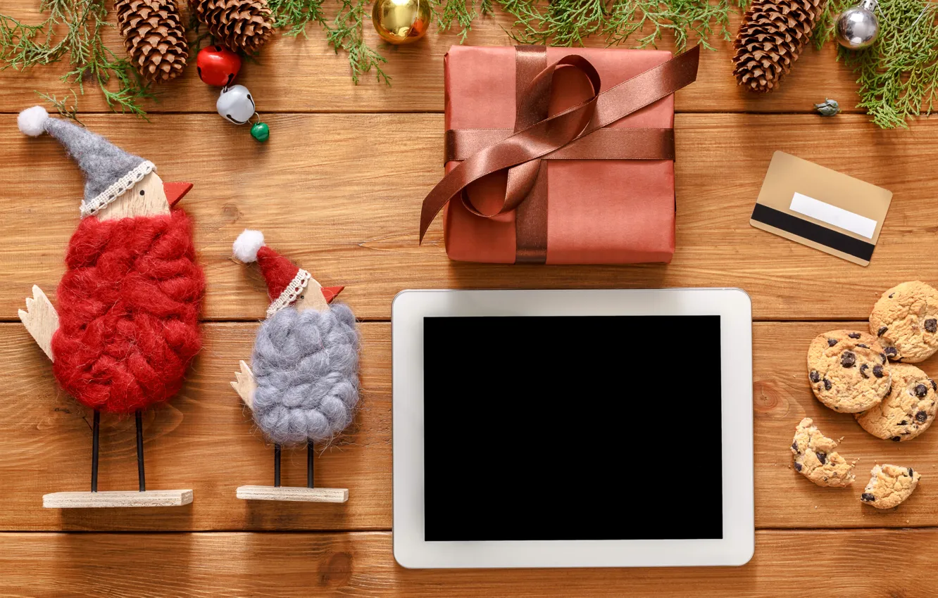 Photo wallpaper decoration, gift, balls, new year, Christmas, Christmas, tablet, wood