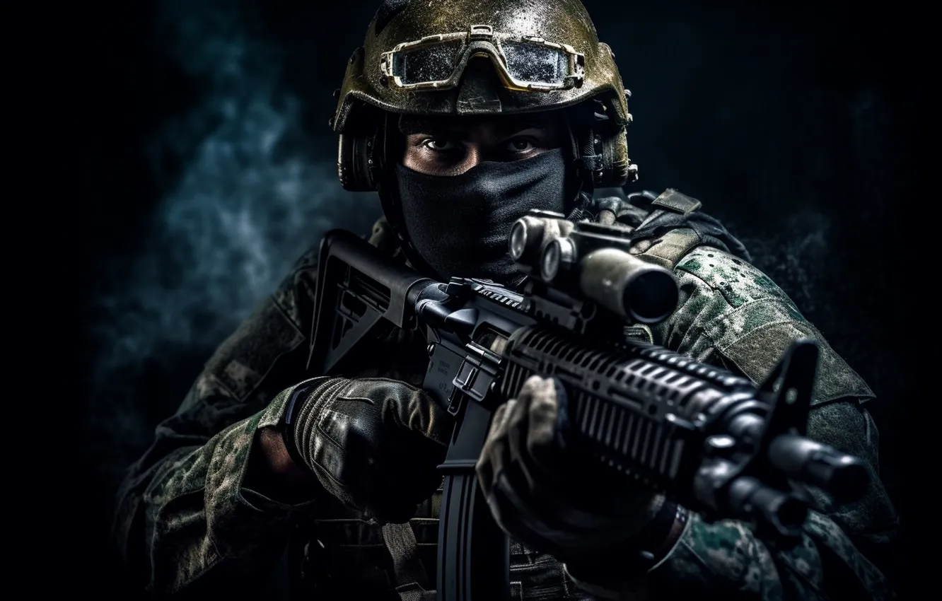 Photo wallpaper look, the dark background, glasses, soldiers, machine, male, equipment, helmet
