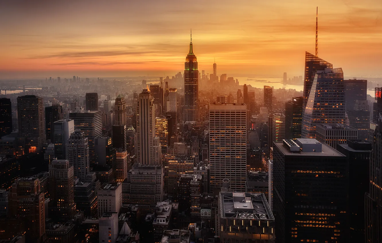 Photo wallpaper sunset, the city, the evening, haze, USA, New York
