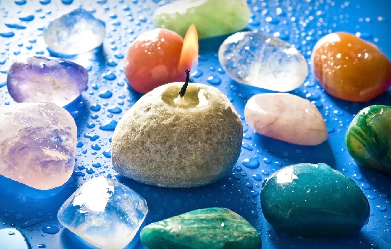 Photo wallpaper drops, lights, candles, stones