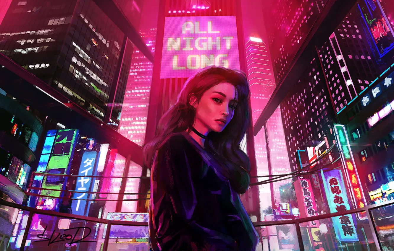 Photo wallpaper Girl, Lights, Night, The city, Neon, Light, Advertising, Synthpop