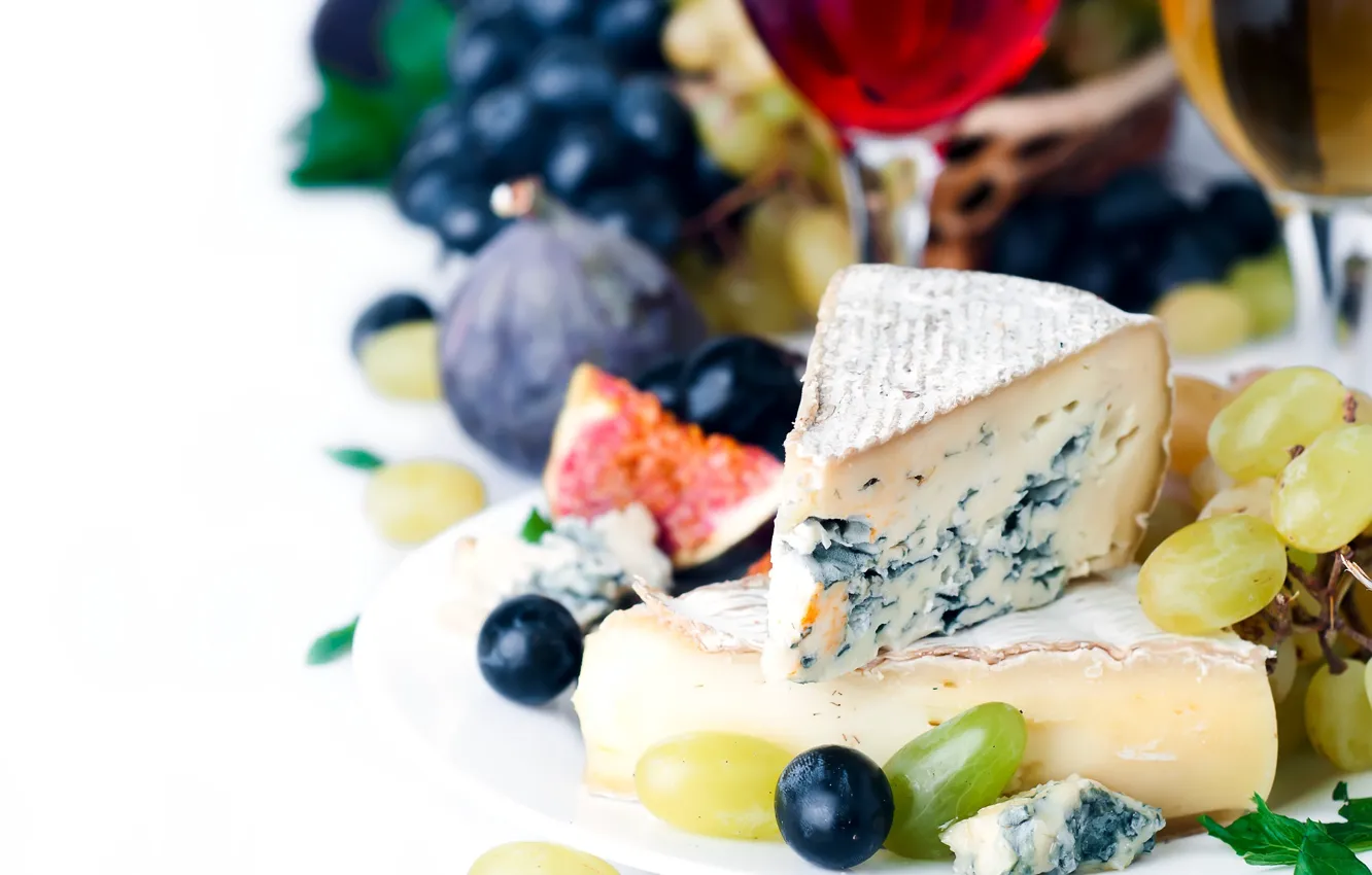 Photo wallpaper wine, glass, cheese, grapes, figs