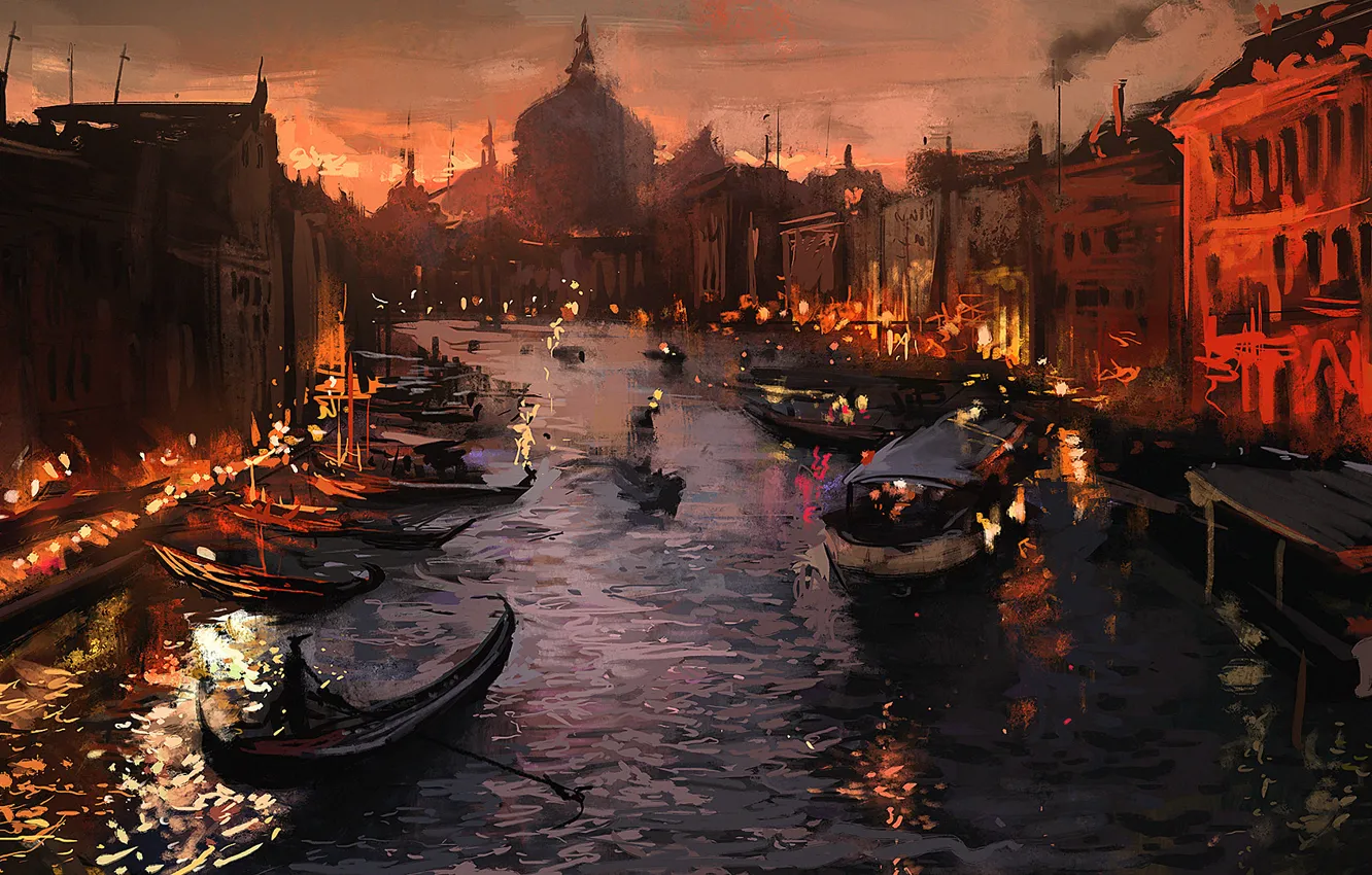 Photo wallpaper the city, lights, river, boat, the evening, Venice, art, Venice
