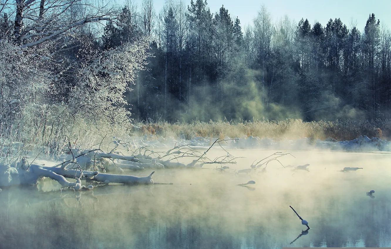 Photo wallpaper winter, landscape, fog, river