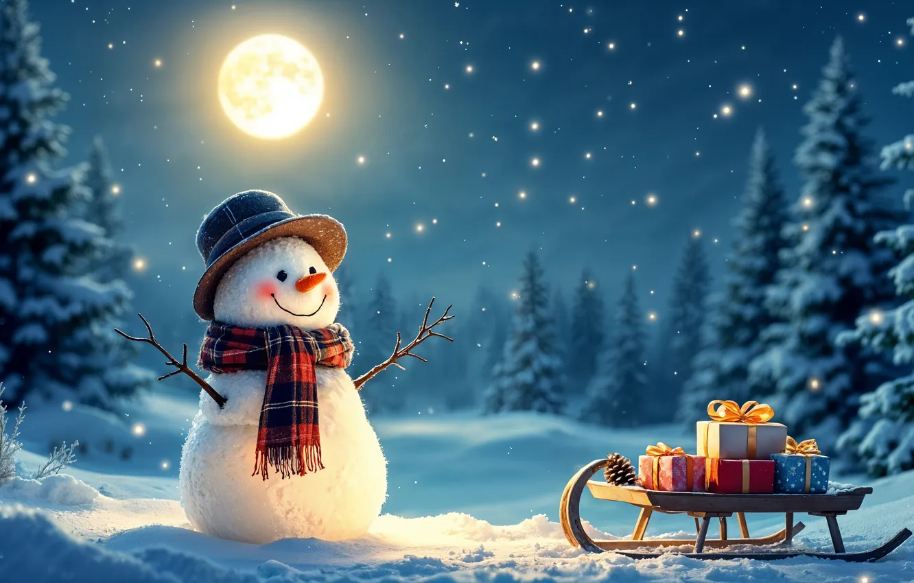 Photo wallpaper winter, snow, decoration, Christmas, New year, snowman, happy, Christmas