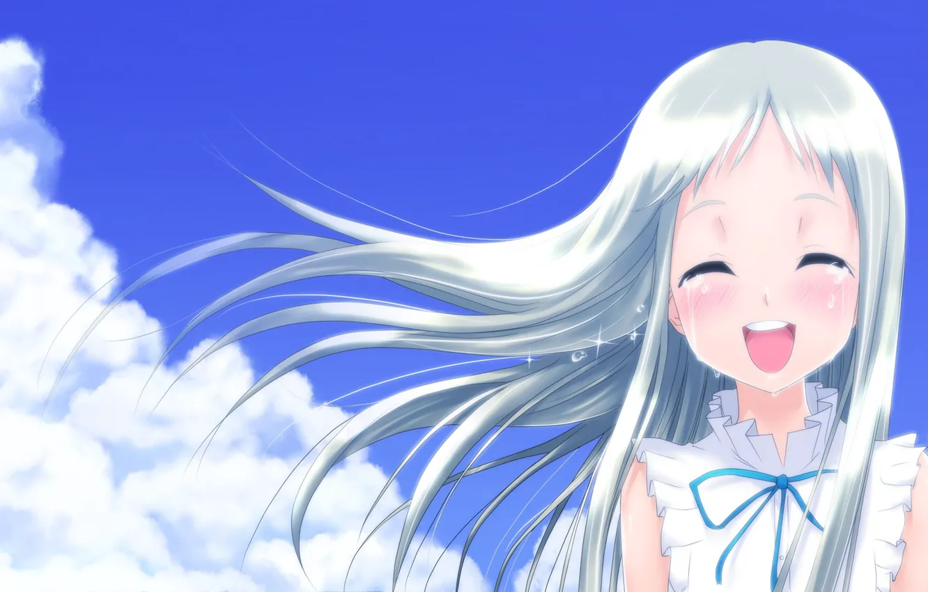 Photo wallpaper the sky, clouds, smile, tears, Anime, long hair, white hair, sundress
