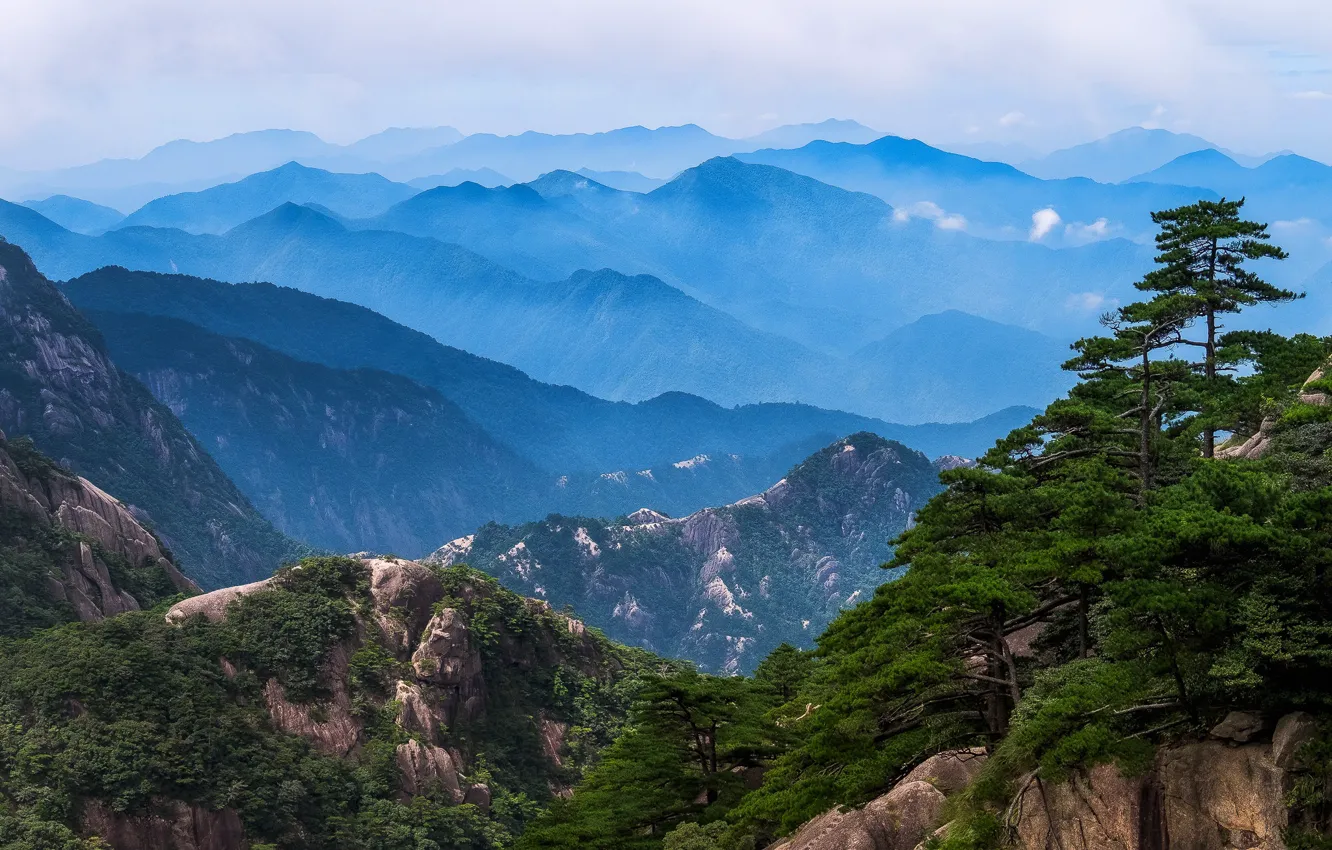 Photo wallpaper clouds, mountains, fog, rocks, China, Anhui