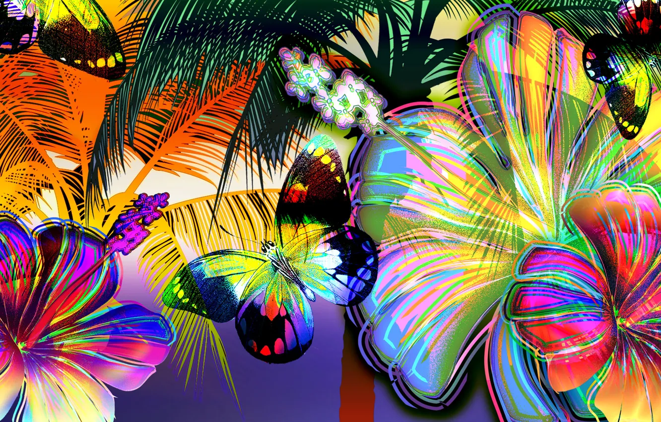 Photo wallpaper flowers, palm trees, butterfly, figure, art