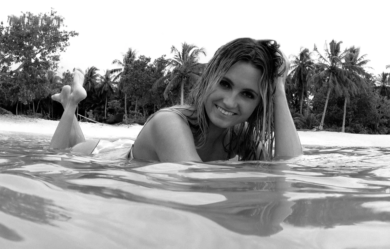 Photo wallpaper girl, beach, smile, water, view, Sport, surfer, palms