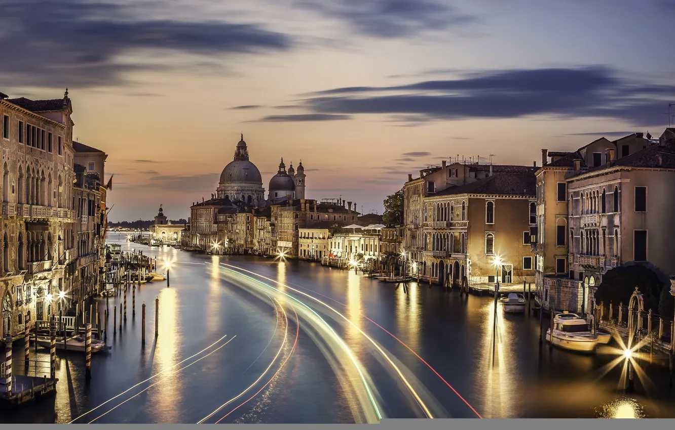 Photo wallpaper the city, lights, river, home, the evening, Italy, Venice, channel