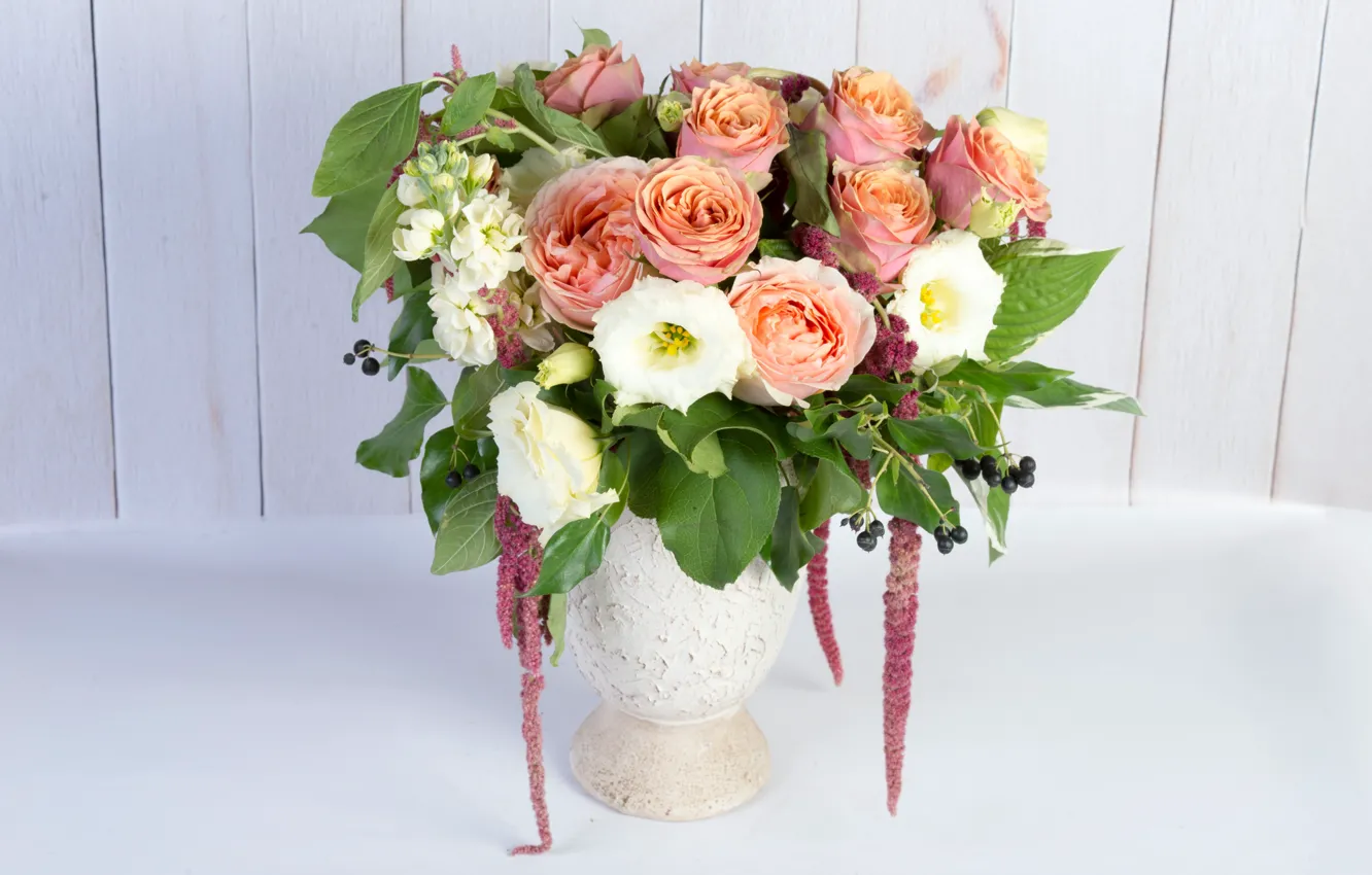 Photo wallpaper roses, bouquet, eustoma, gillyflower, amaranth