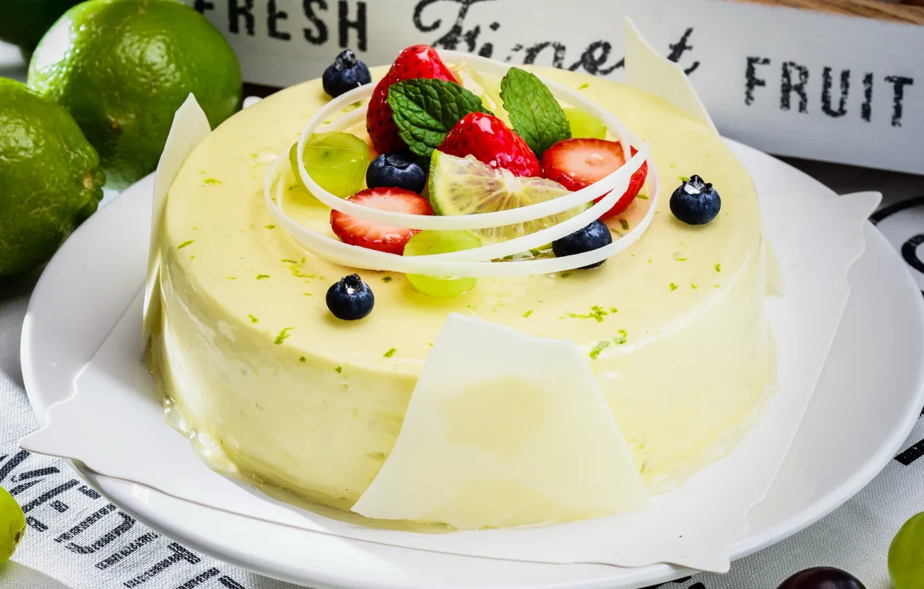 Photo wallpaper berries, strawberry, lime, mint, dessert, blueberries, cheesecake