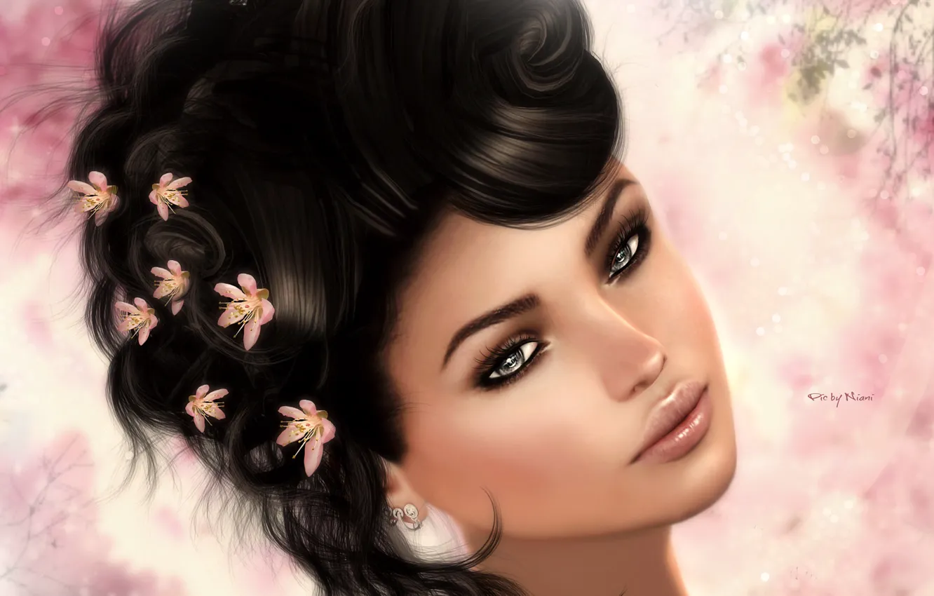 Photo wallpaper girl, flowers, face, portrait, brunette, hairstyle