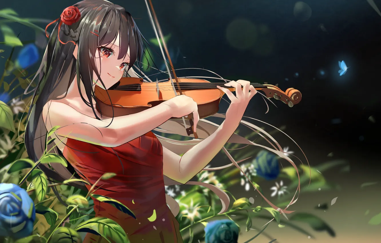 Photo wallpaper girl, violin, roses