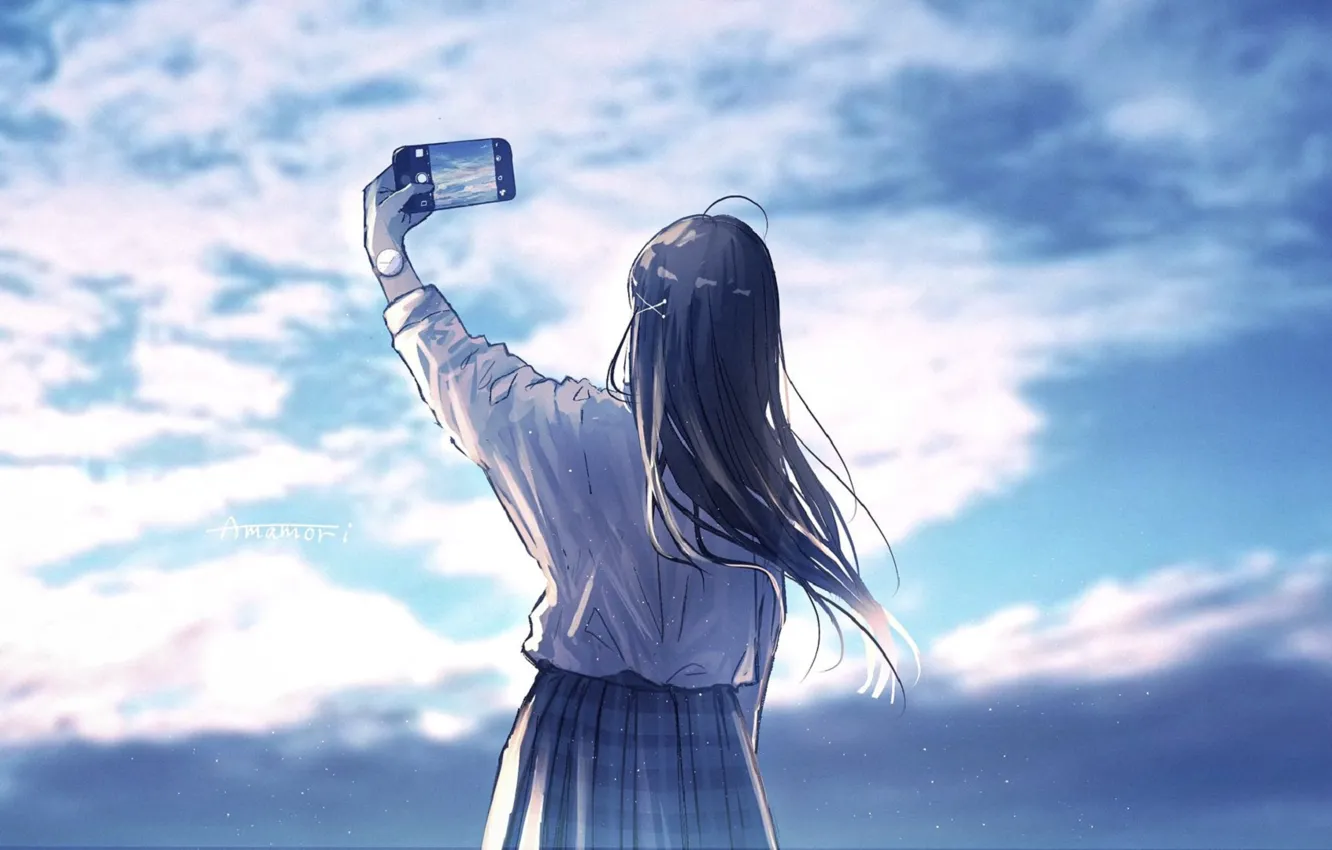 Photo wallpaper GIRL, The SKY, CLOUDS, PHOTO, PHONE, selfie