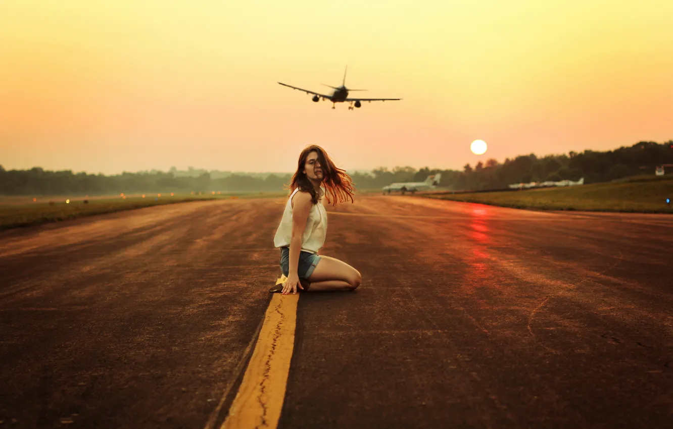 Photo wallpaper girl, aircraft, runway
