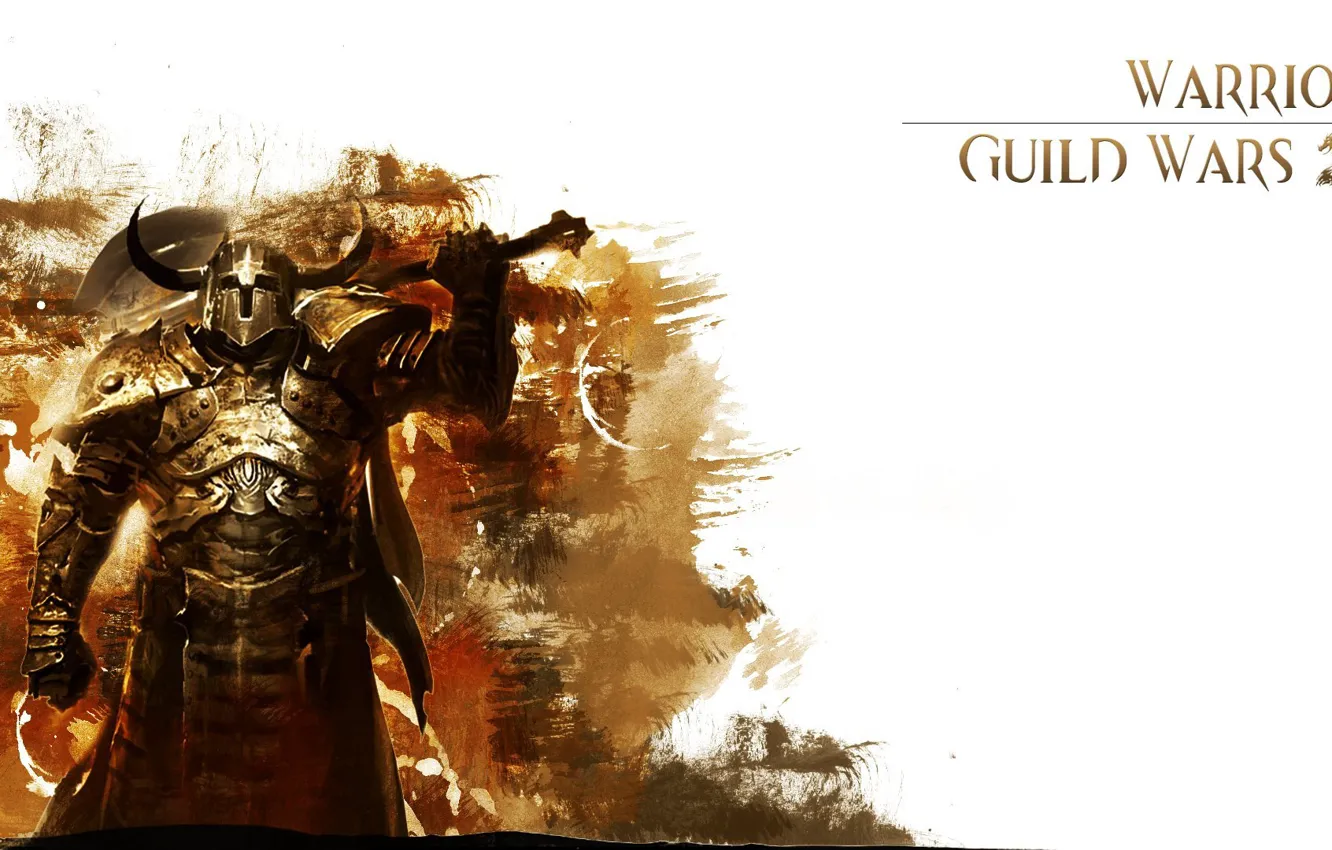 Photo wallpaper sword, armor, warrior, white background, horns, helmet, Guild Wars 2, warrior