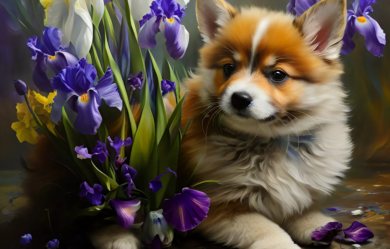 Photo wallpaper look, flowers, nature, portrait, dog, bouquet, spring, garden