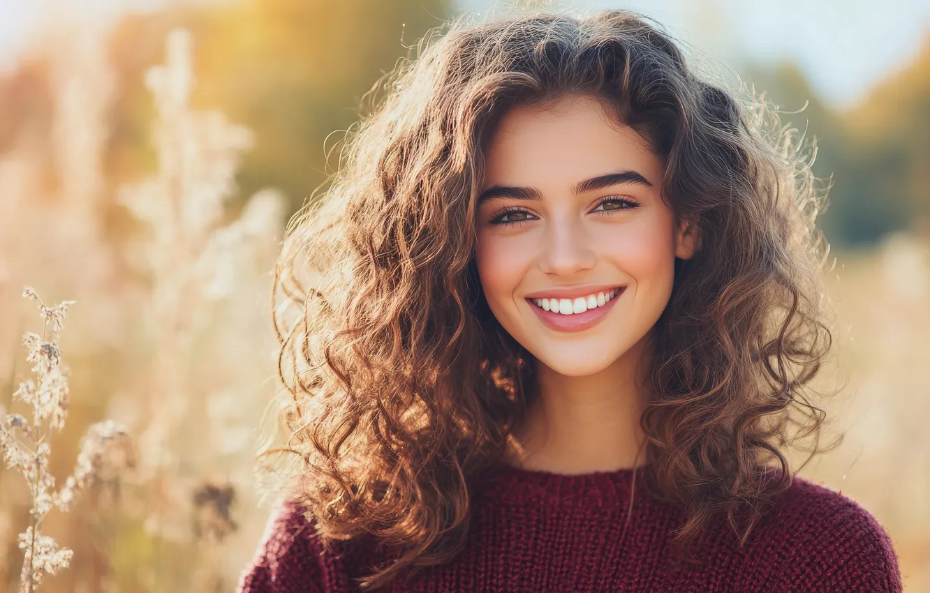 Photo wallpaper girl, light, nature, smile, brown hair, curls, AI art, neural network