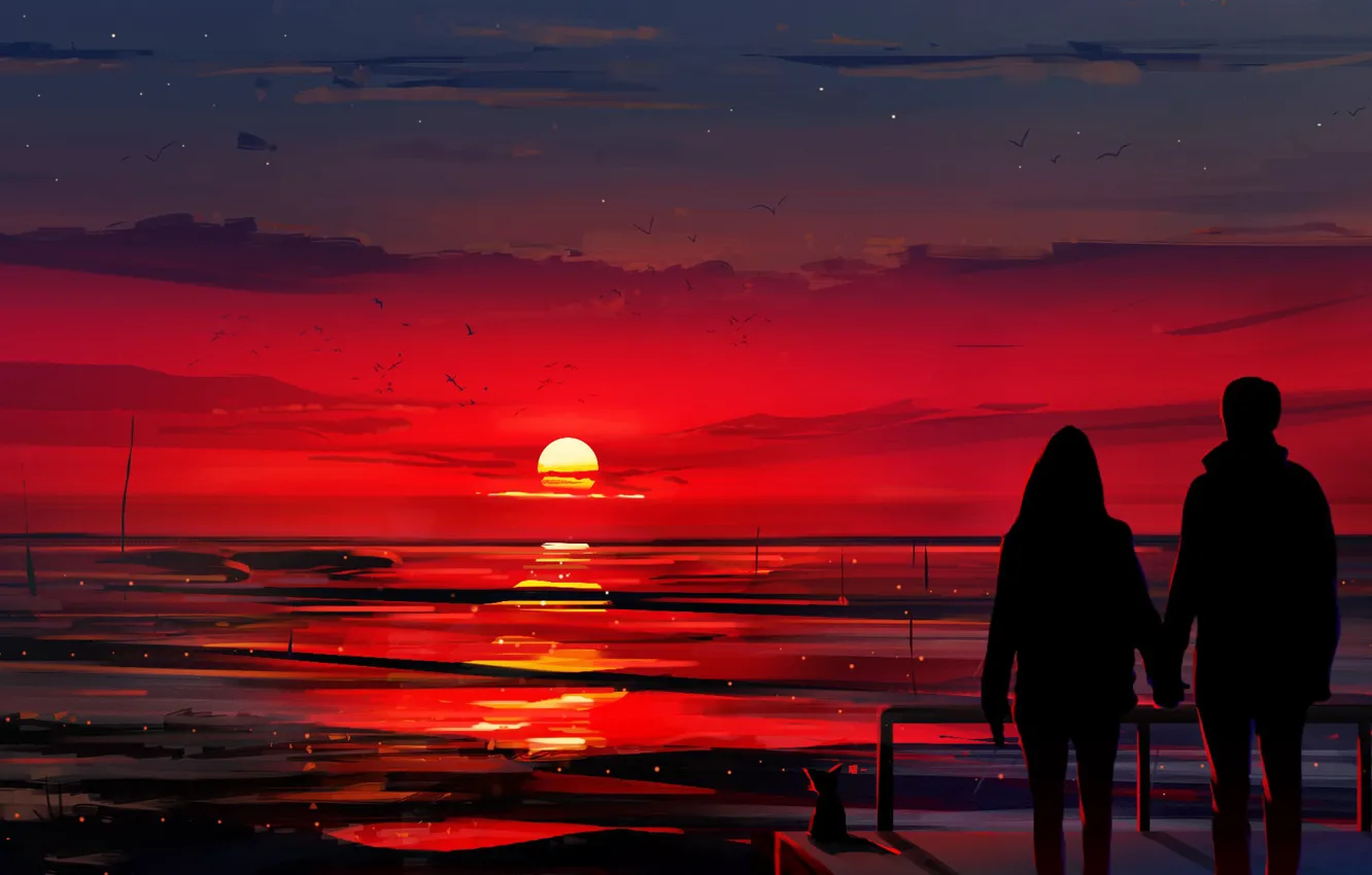 Photo wallpaper Sunset, The sun, The sky, Girl, Silhouette, Guy, Pair, Landscape