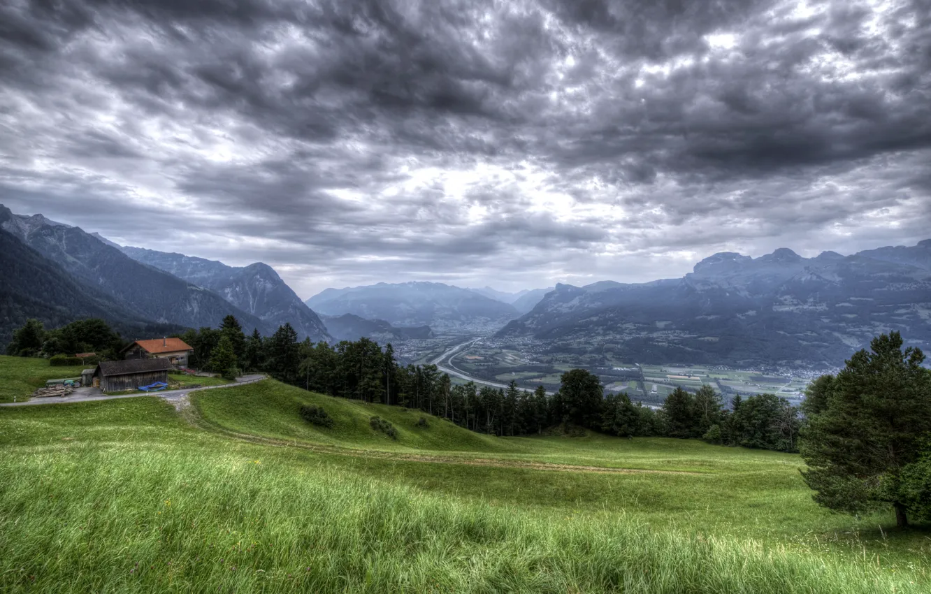 Photo wallpaper grass, clouds, trees, mountains, river, field, valley, slope