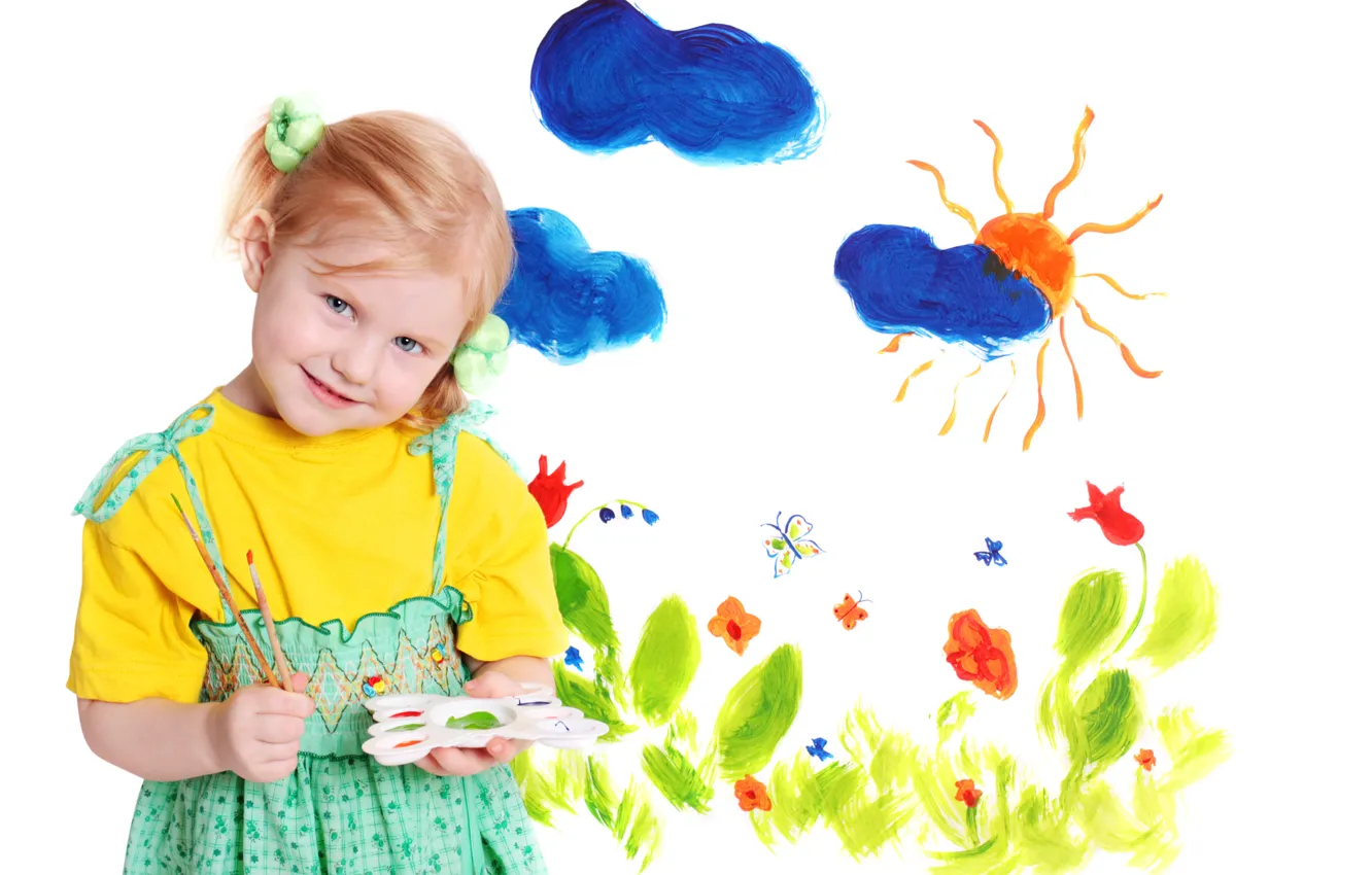 Photo wallpaper color, clouds, flowers, children, childhood, figure, child, The sun